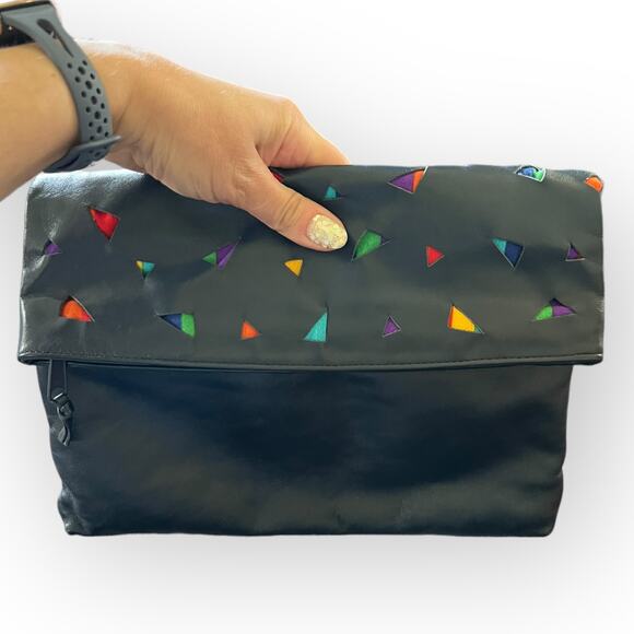 Pioneer Vintage 80s Navy Blue Leather Fold Over Clutch Purse w/ Fabric Cut Outs - Picture 15 of 15